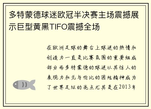 多特蒙德球迷欧冠半决赛主场震撼展示巨型黄黑TIFO震撼全场