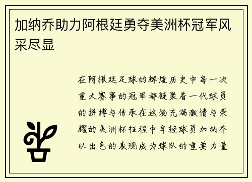 加纳乔助力阿根廷勇夺美洲杯冠军风采尽显
