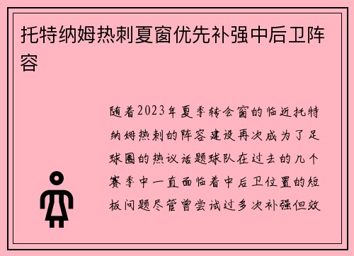 托特纳姆热刺夏窗优先补强中后卫阵容